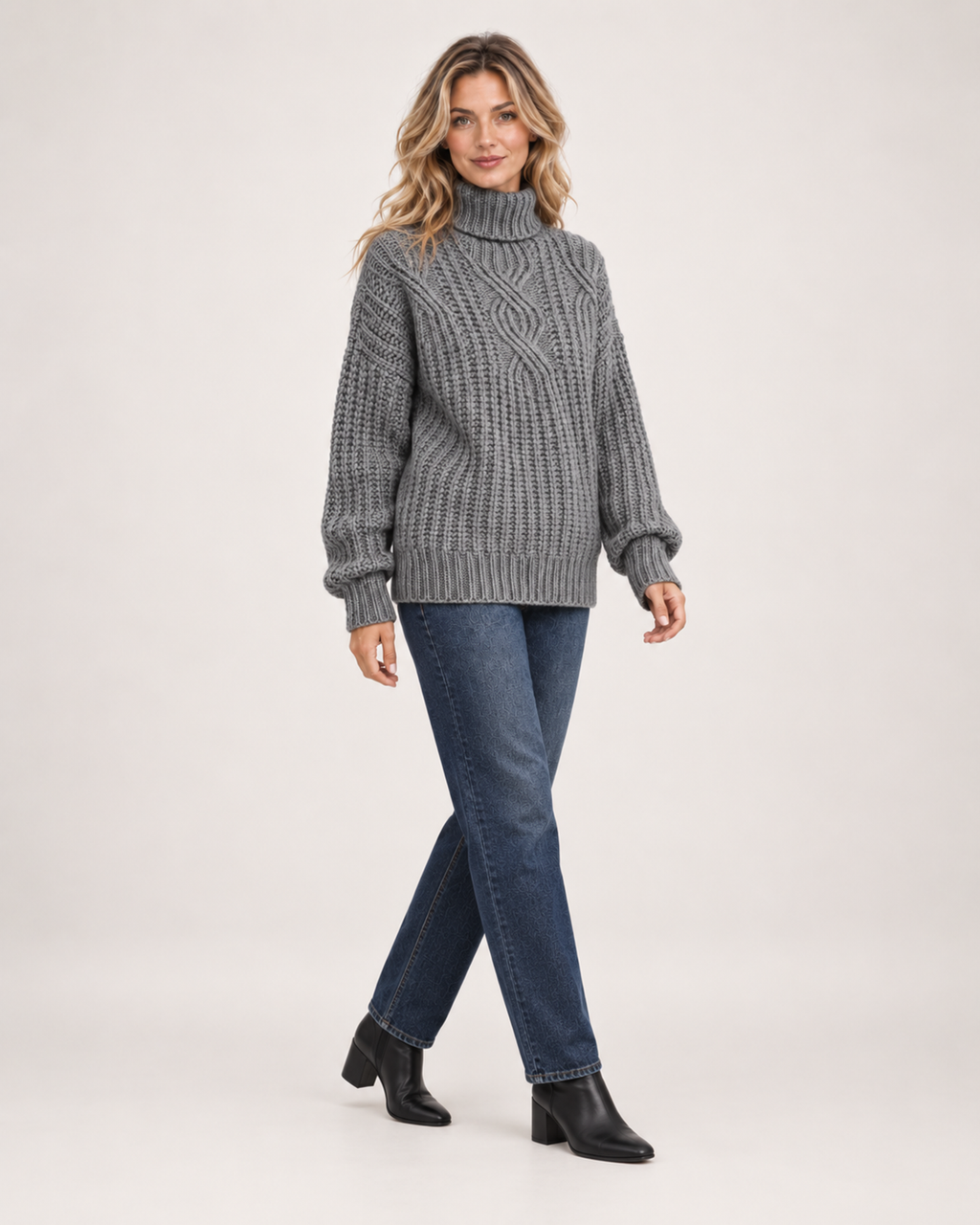 Women’s Roll Neck Jumper with Cable Knit in Grey, three quarter body view