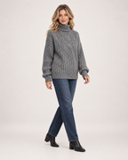 Women’s Roll Neck Jumper with Cable Knit in Grey, three quarter body view