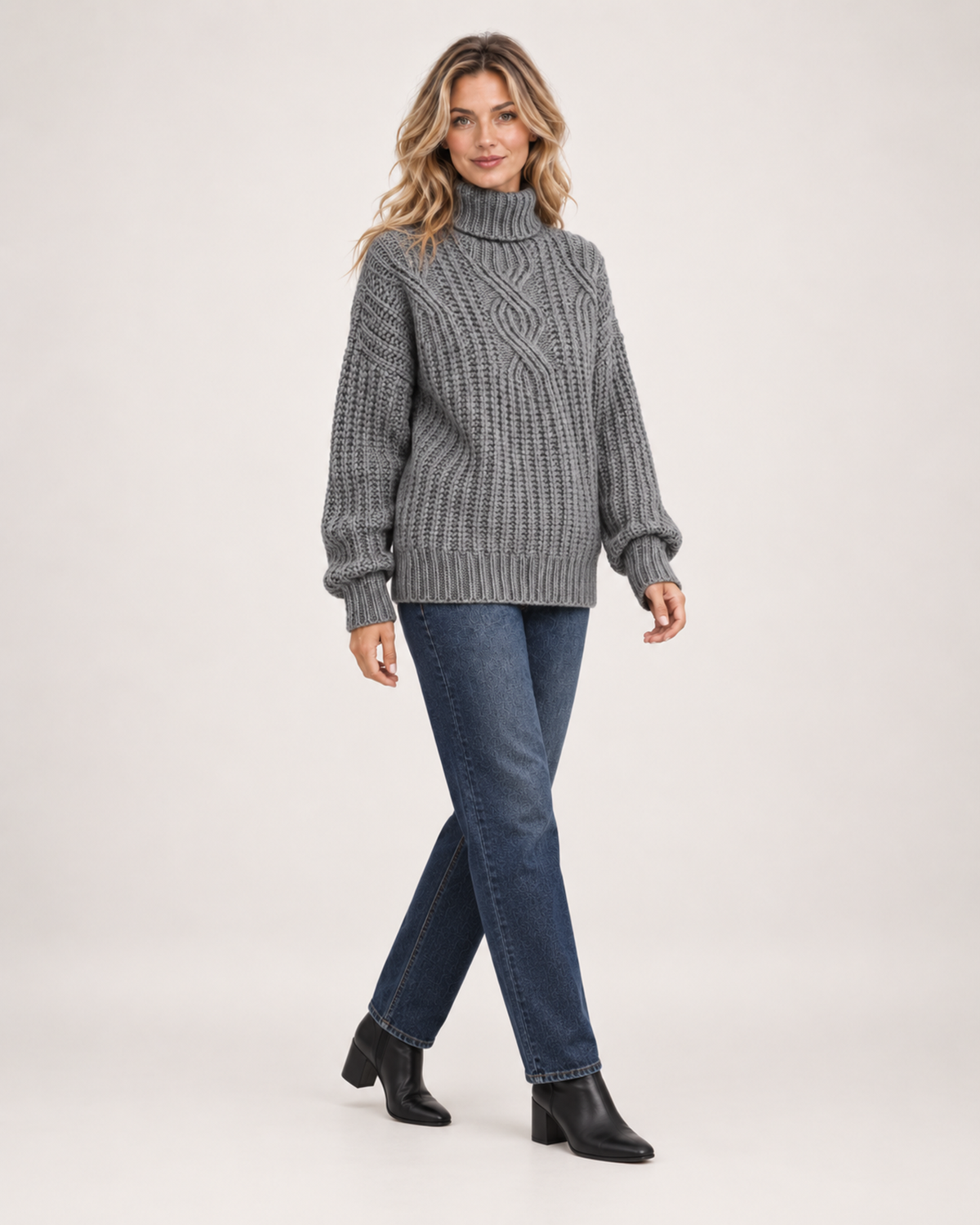 Women’s Roll Neck Jumper with Cable Knit in Grey, three quarter body view
