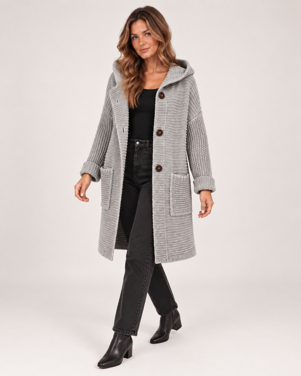Women’s Long Hooded Cardigan with Chunky Texture in Grey, three quarter body view