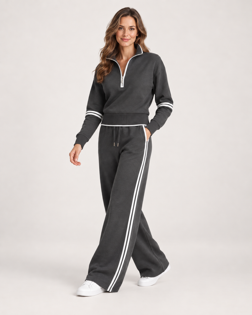 Women’s Tracksuit Set with Contrast Stripe Trim in Grey, three quarter body view