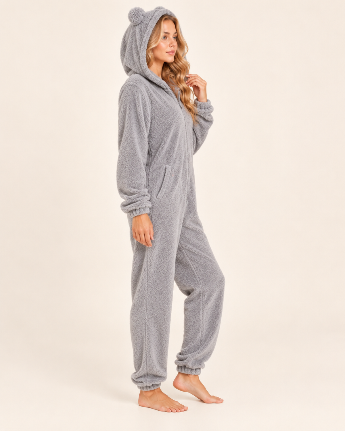 Women’s Fleece Onesie with Hood and Bear Ear Detail in Grey, three quarter body view