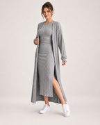 Women’s Knitted Dress Set with Long Cardigan in Grey, three quarter body view
