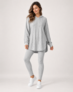 Women’s Loungewear Set with Hooded Longline Top and Leggings in Grey, three quarter body view