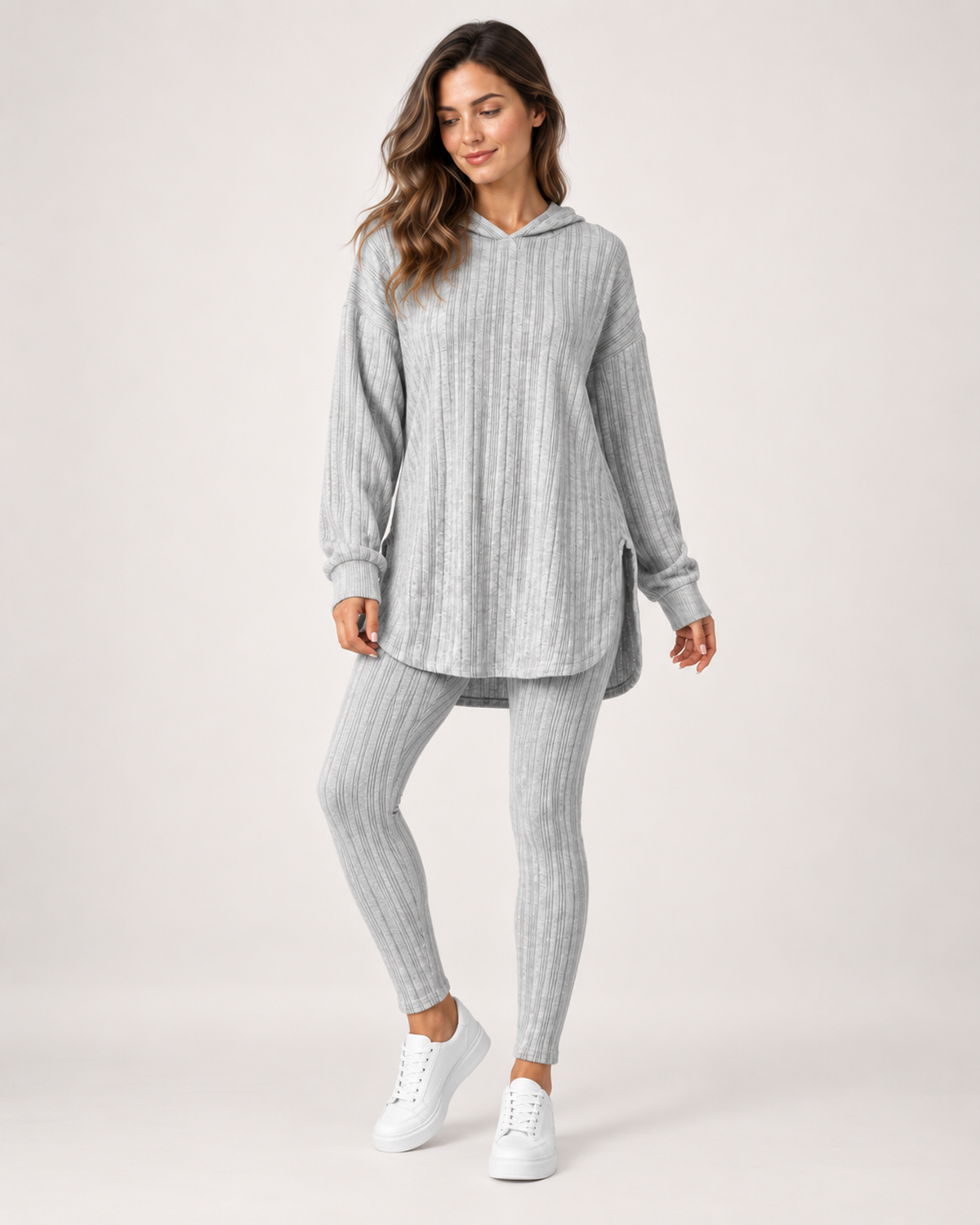 Women’s Loungewear Set with Hooded Longline Top and Leggings in Grey, three quarter body view