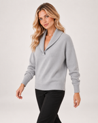 Women’s V Neck Jumper with Shawl Collar in Grey, three quarter body view