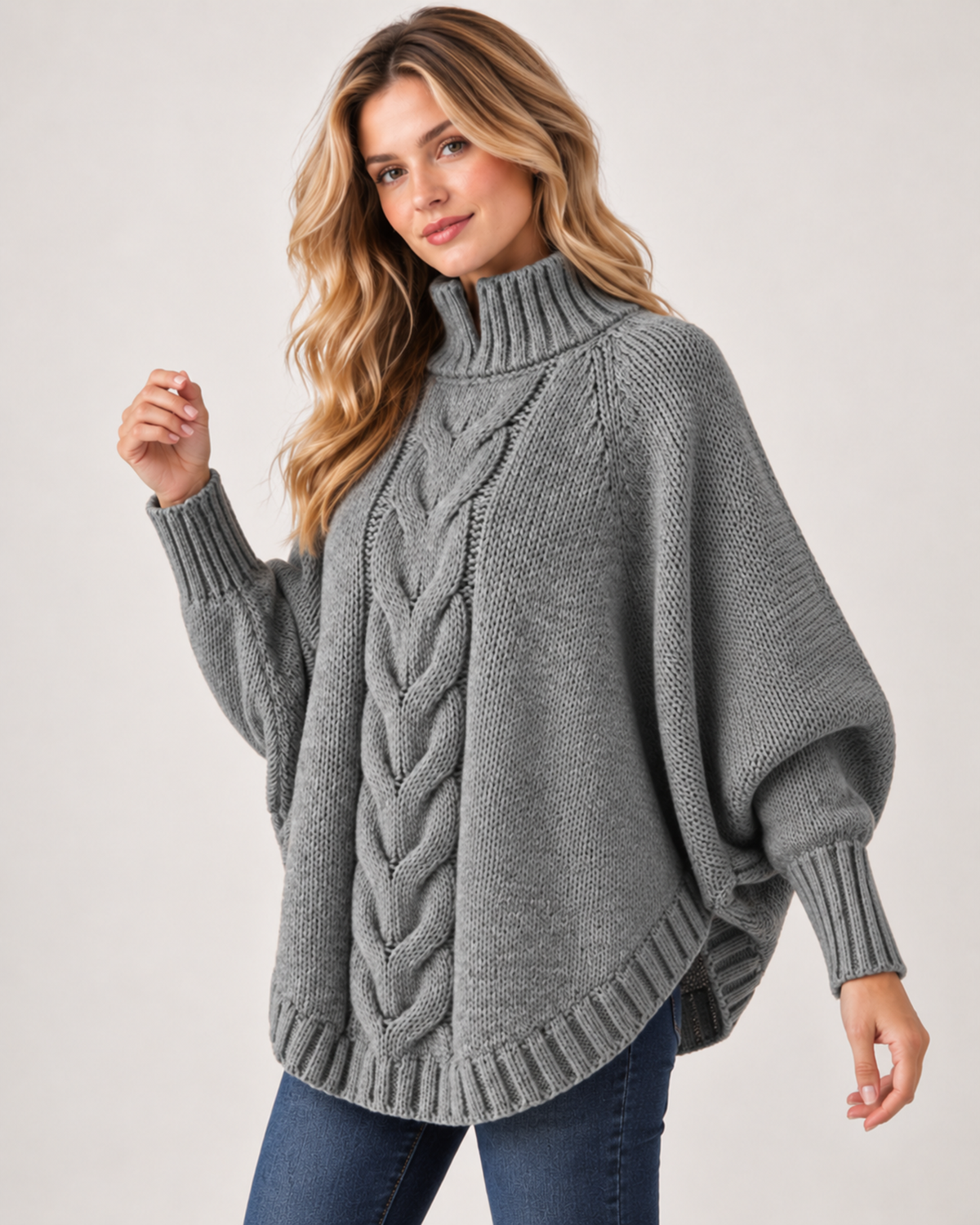 Women's Cable Knit Jumper with High Neck and Batwing Sleeves grey close variant view