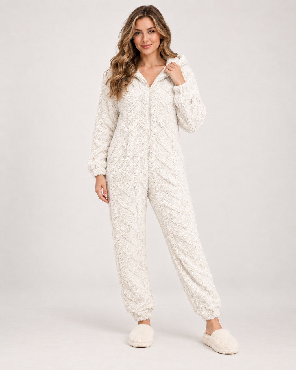 Women’s Fleece Pyjamas with Hood and Zip Front in Ivory, three quarter body view