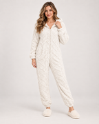 Women’s Fleece Pyjamas with Hood and Zip Front in Ivory, three quarter body view