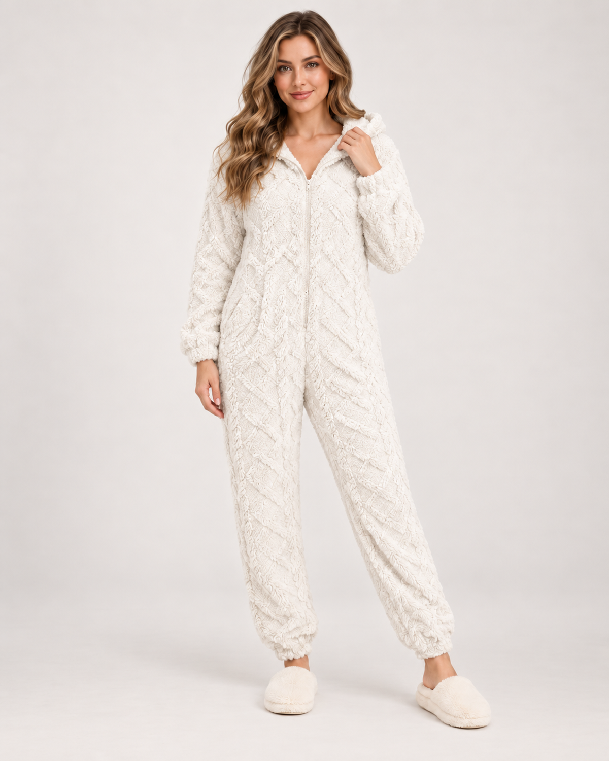 Women’s Fleece Pyjamas with Hood and Zip Front in Ivory, three quarter body view