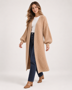 Women’s Long Cardigan with Balloon Sleeves in Khaki, three quarter body view