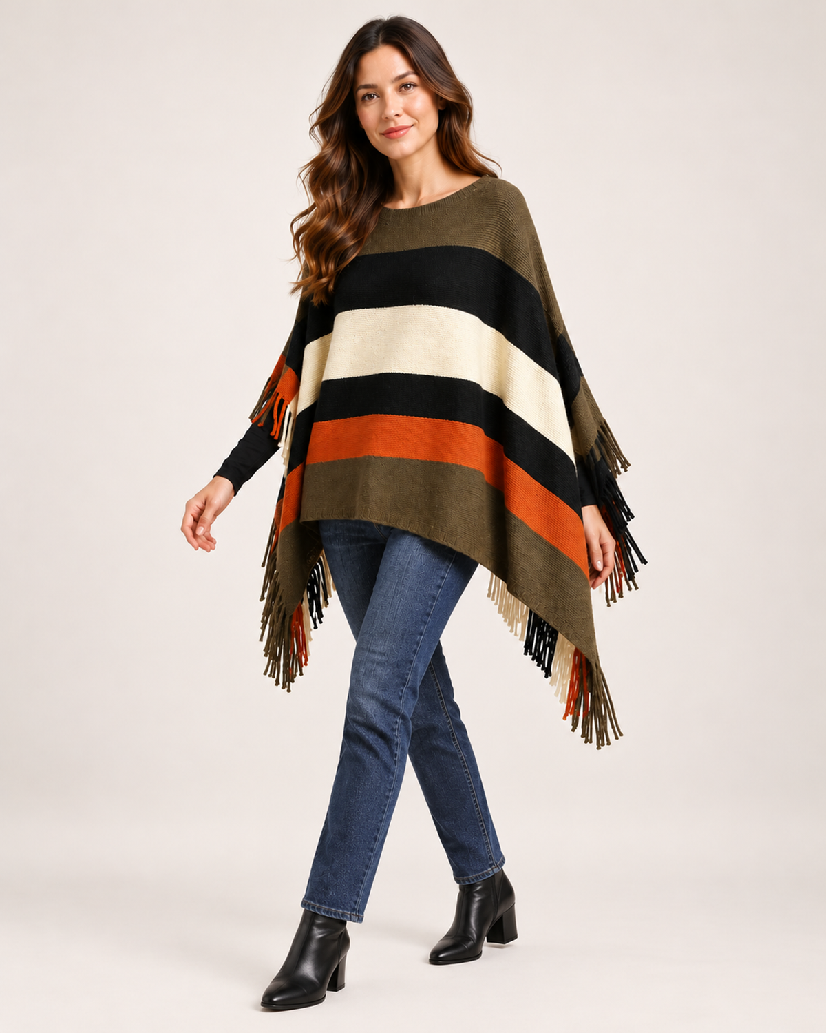 Women’s Poncho with Colour Block Design and Tassel Hem in Khaki, three quarter body view