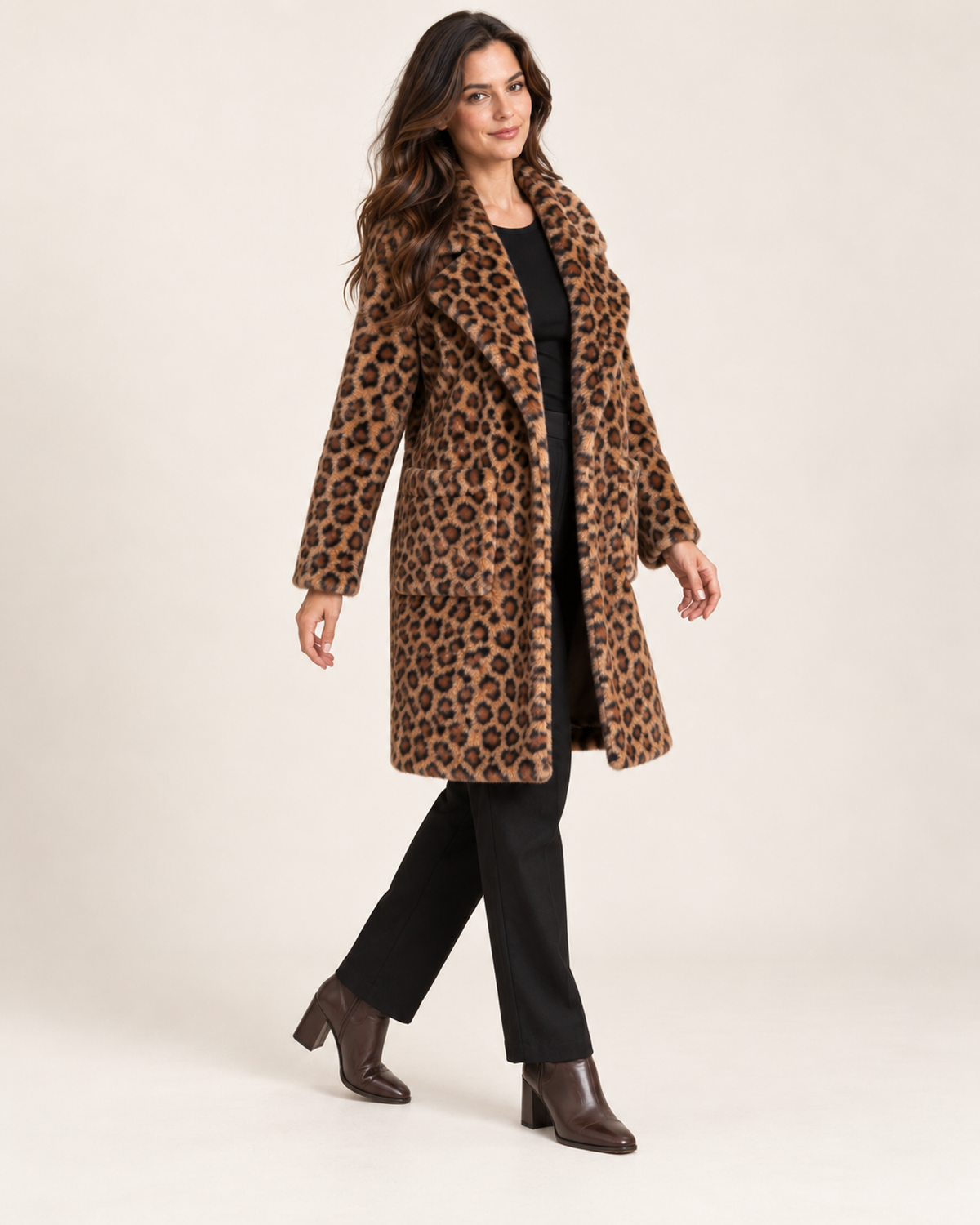 Women’s Faux Fur Coat with Leopard Print and Lapel Collar in Leopard Print, three quarter body view