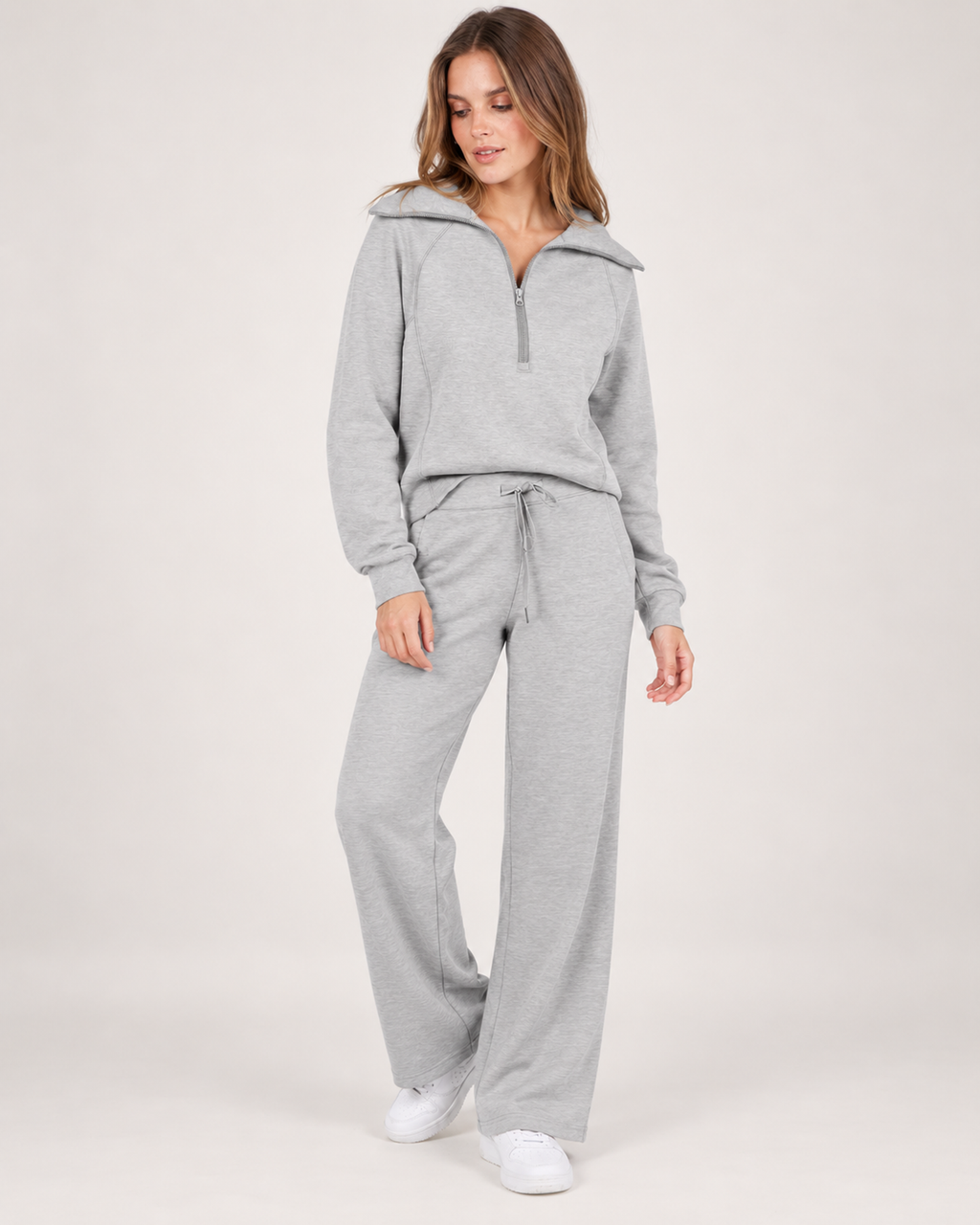 Women’s Tracksuit Set with Half-Zip Top and Wide-Leg Trousers in Light Grey, three quarter body view