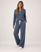 Women’s Pyjama Set with Ribbed Finish and Wide-Leg Trousers in Navy Blue, three quarter body view