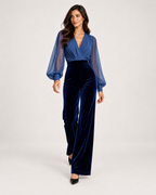 Women’s Wide Leg Jumpsuit with V Neck and Sheer Sleeves in Navy Blue, three quarter body view