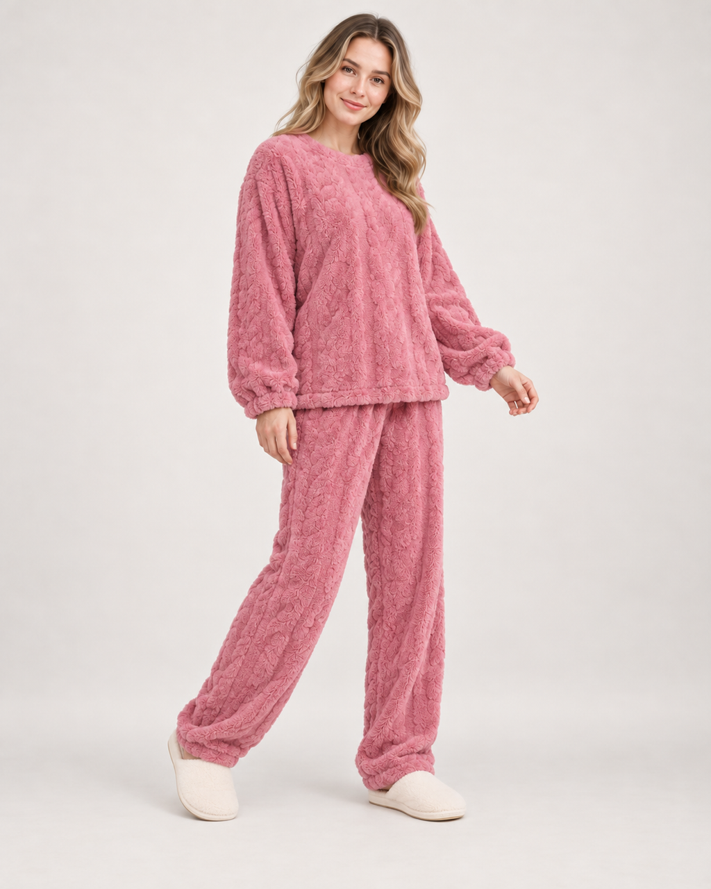 Women’s Pyjamas with Flannel Cable Pattern in Pink, three quarter body view