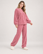 Women’s Pyjamas with Flannel Cable Pattern in Pink, three quarter body view