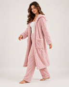 Women’s Pyjama Set with Long Hooded Robe and Trousers in Pink, three quarter body view