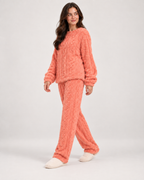 Women’s Fleece Pyjamas with Cable Pattern in Pink, three quarter body view