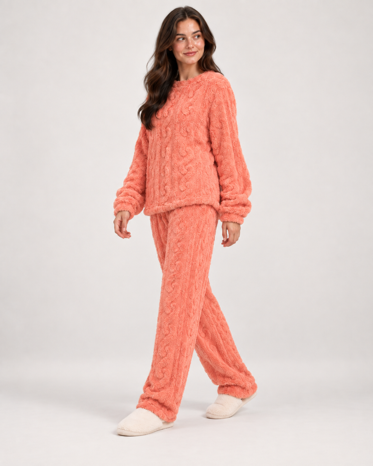 Women’s Fleece Pyjamas with Cable Pattern in Pink, three quarter body view