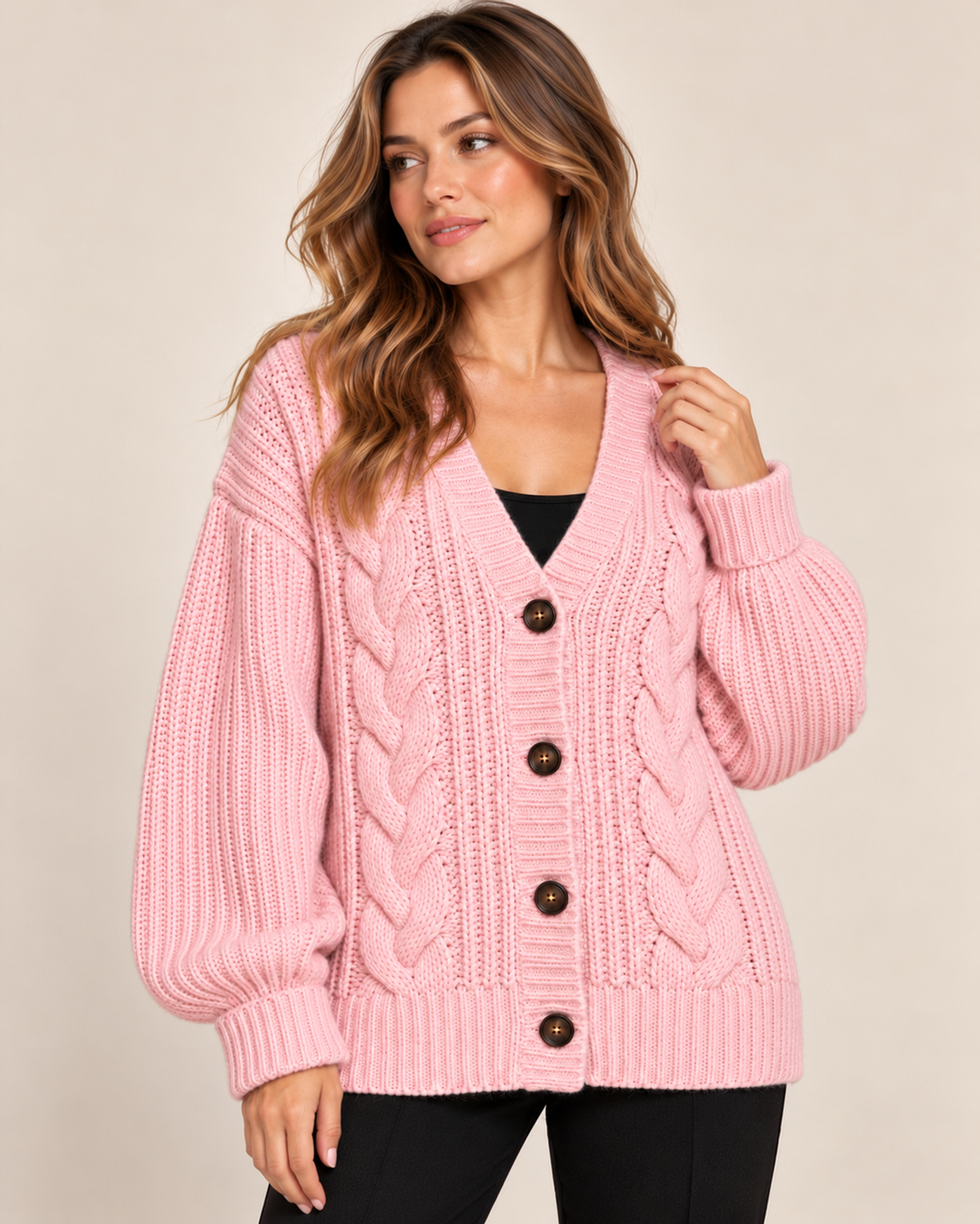 Women's pink chunky cable knit button cardigan