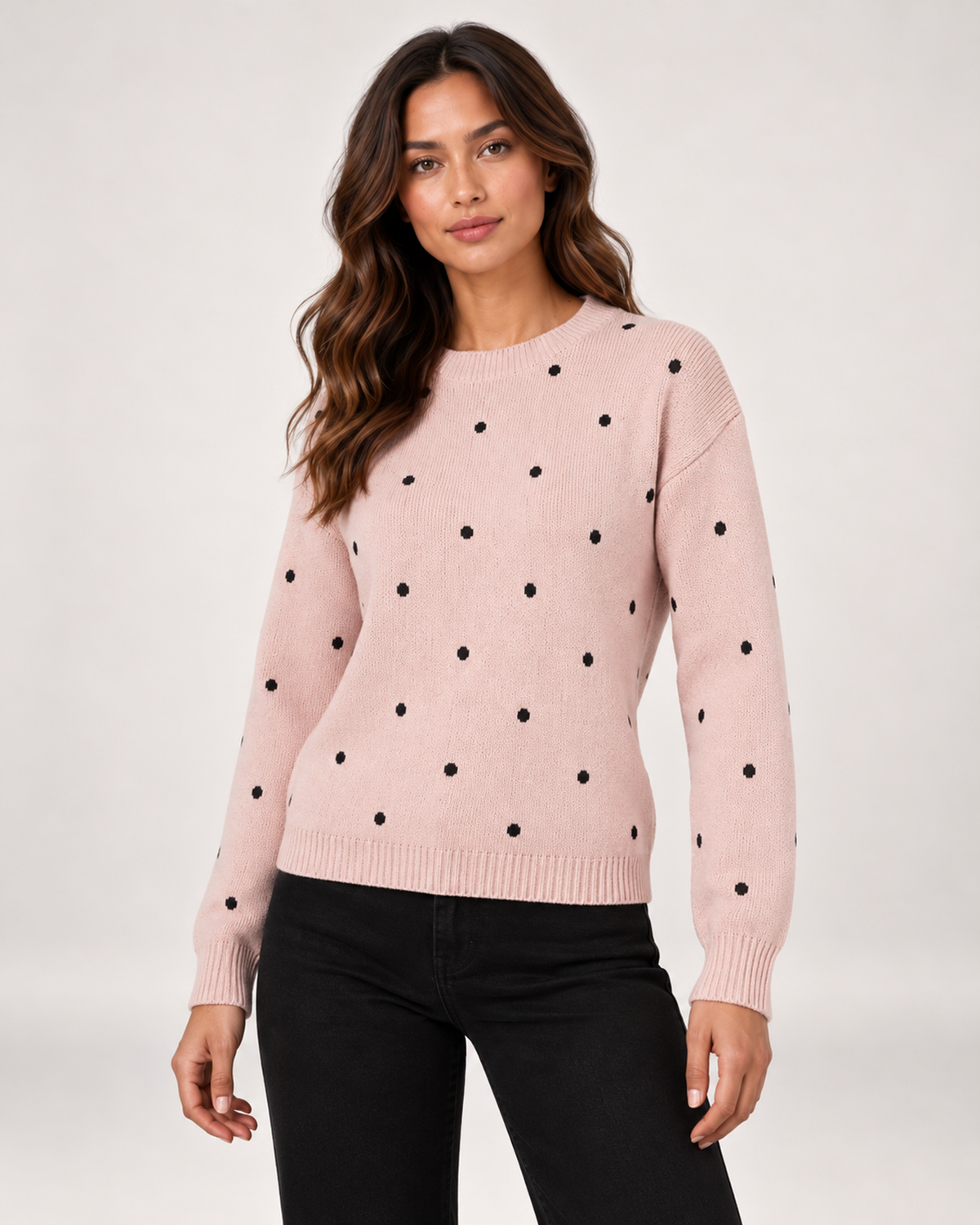 Women's pink polka dot crew neck sweater