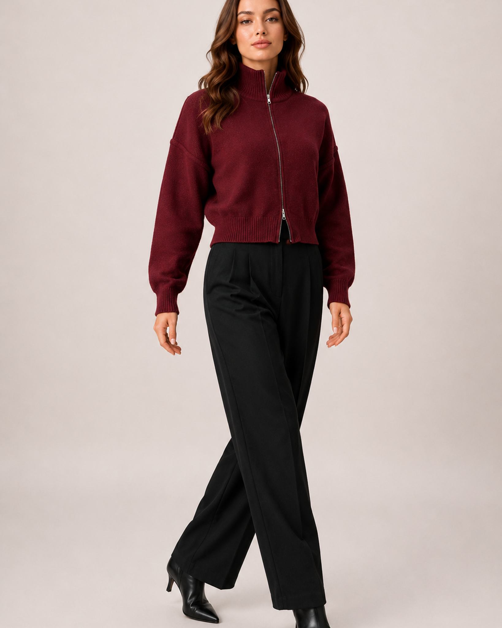 Women’s Zip Up Cardigan with Funnel Neck in Red, three quarter body view