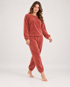 Women’s Fleece Loungewear Set with Crew Neck and Joggers in Red, three quarter body view