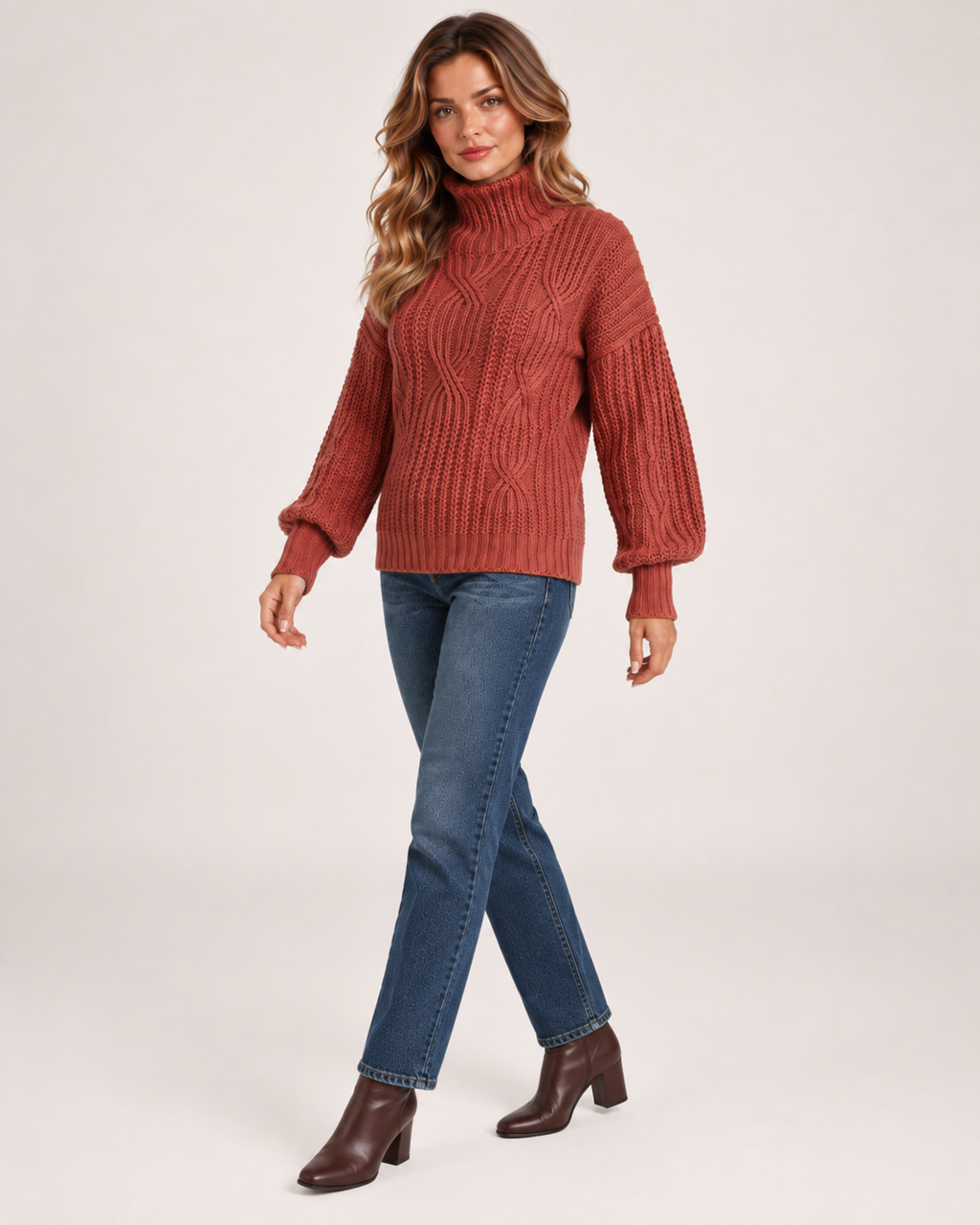 Women’s Cable Knit Jumper with Roll Neck and Balloon Sleeves in Red, three quarter body view