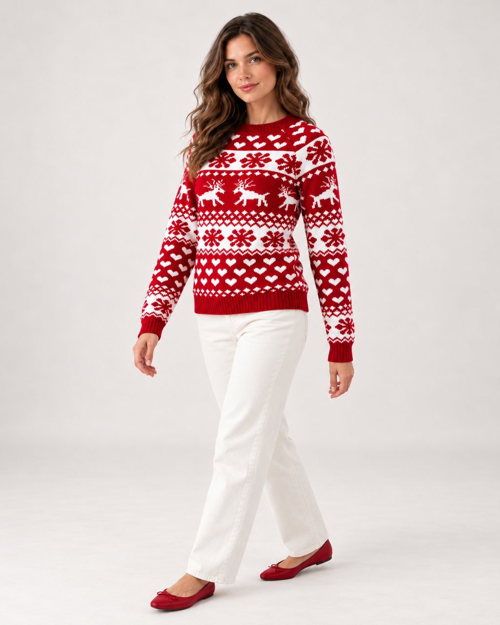 Women’s Christmas Jumper with Reindeer Pattern in Red, three quarter body view