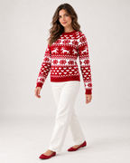 Women’s Christmas Jumper with Reindeer Pattern in Red, three quarter body view