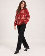 Women’s Christmas Jumper with Christmas Tree Pattern in Red, three quarter body view