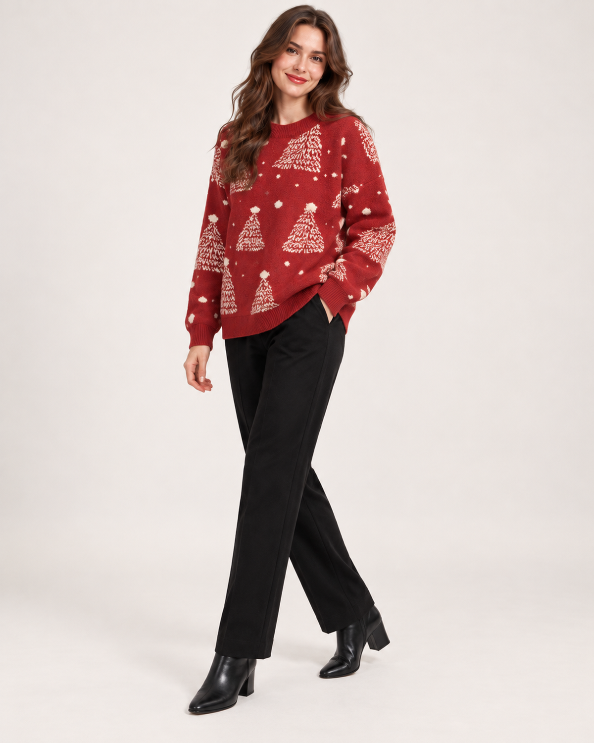 Women’s Christmas Jumper with Christmas Tree Pattern in Red, three quarter body view