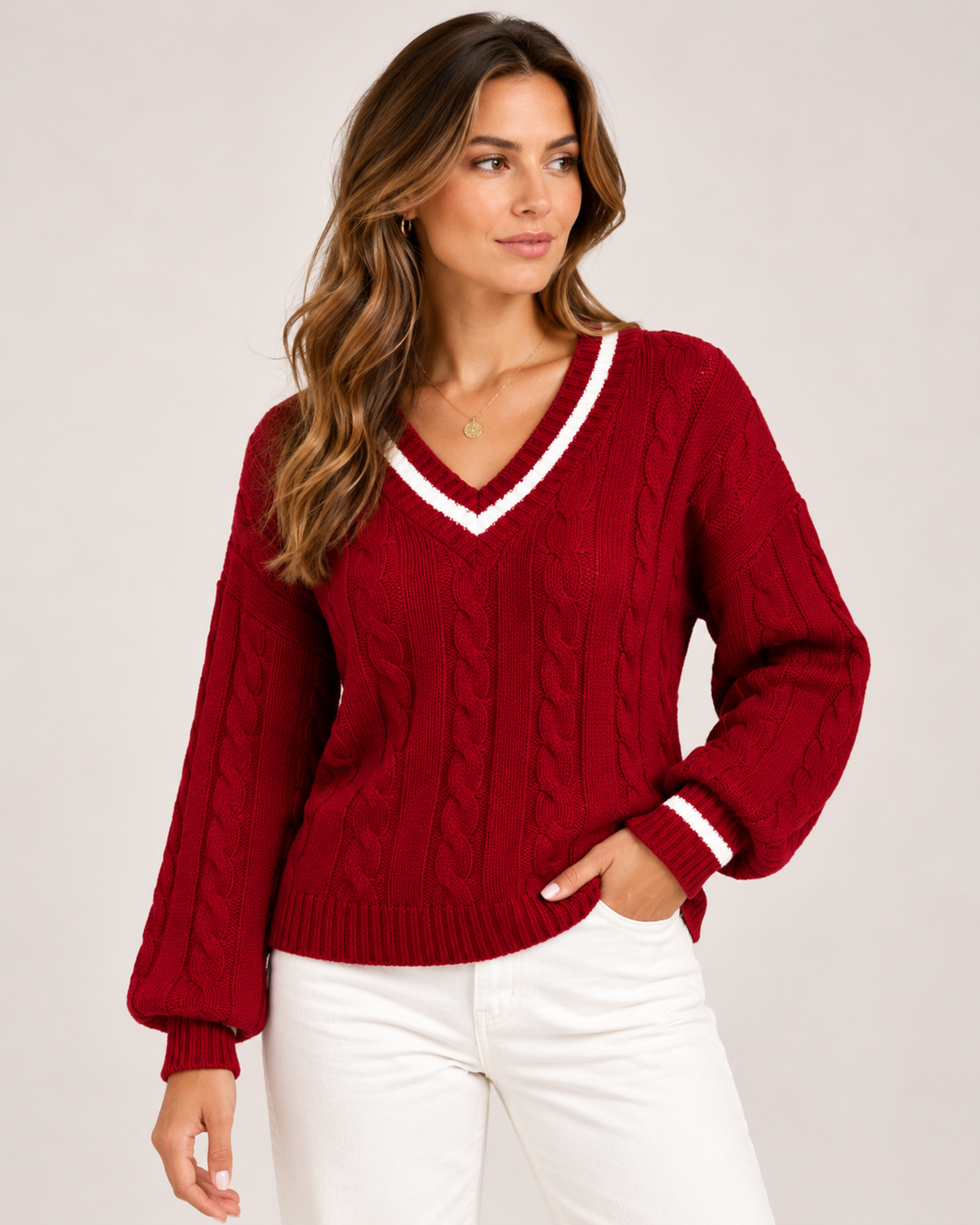 Women's V Neck Cable Knit Jumper with Contrast Trim red close variant view