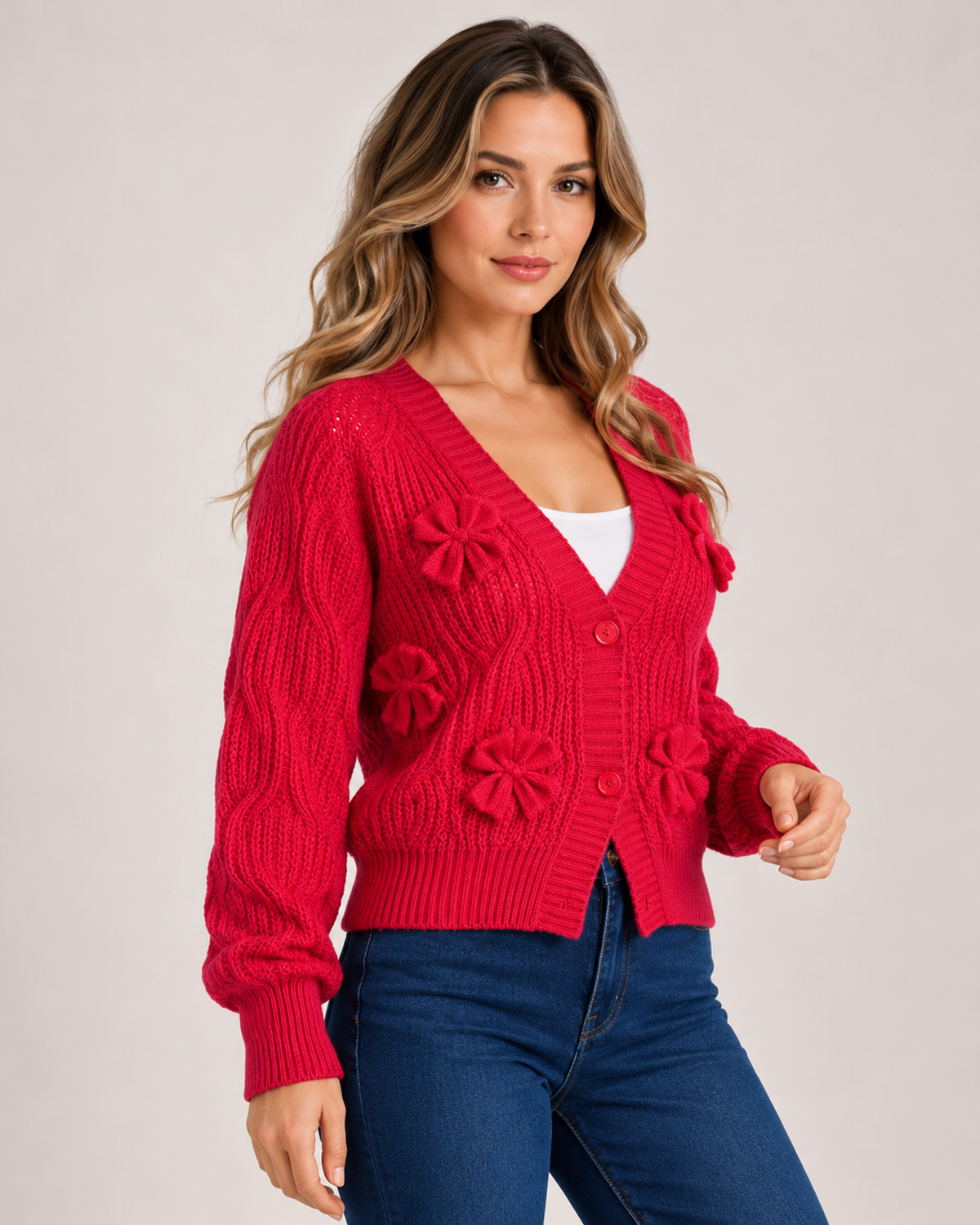 Women's Bow Cardigan with V Neck red close variant view