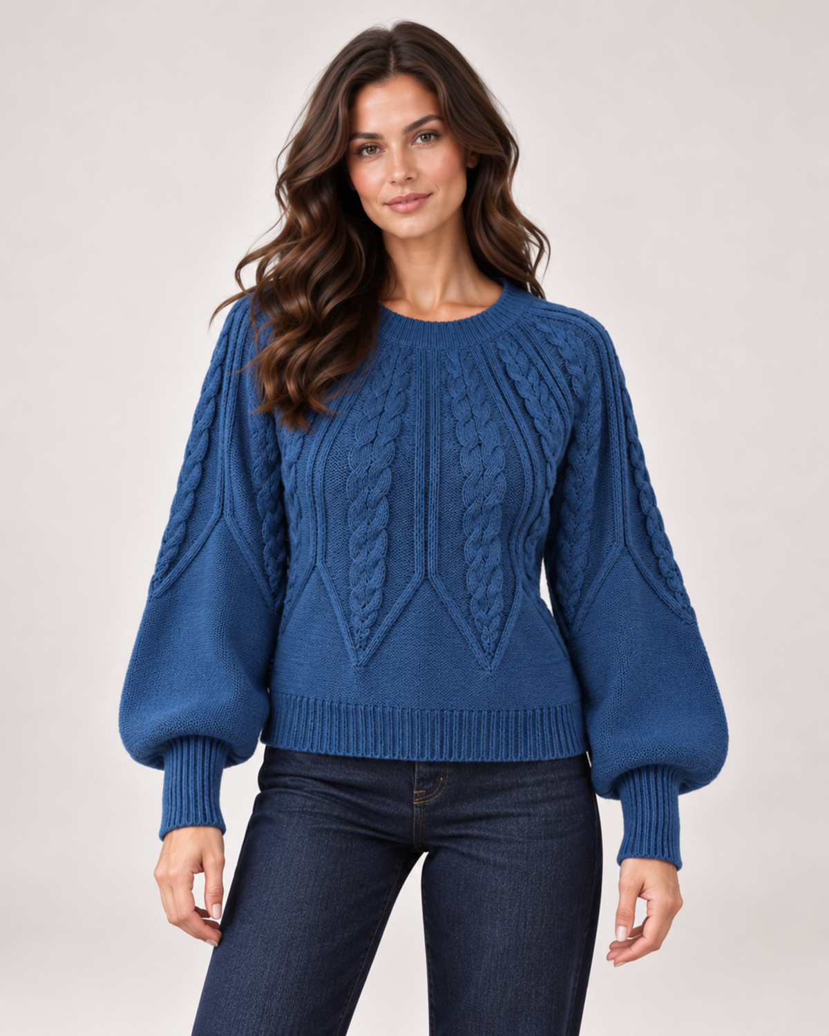 Women’s blue cable knit jumper with balloon sleeves