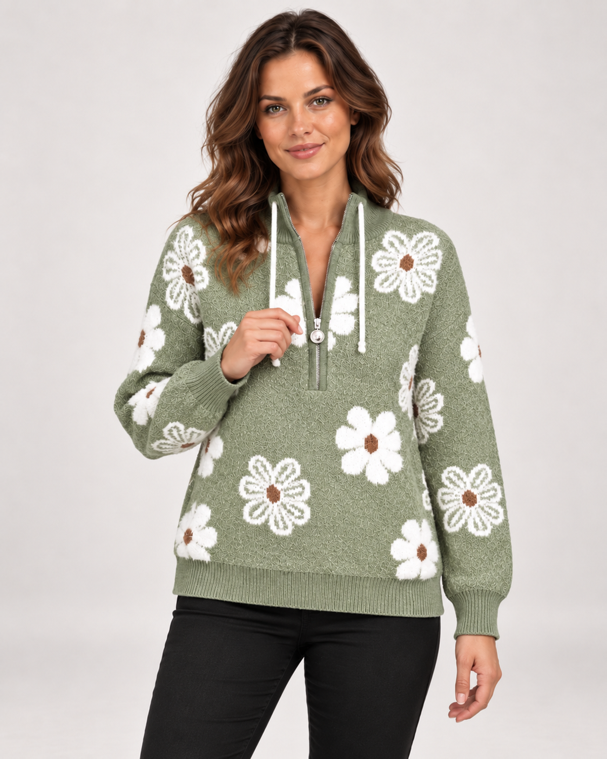 Women’s half-zip floral jumper in green