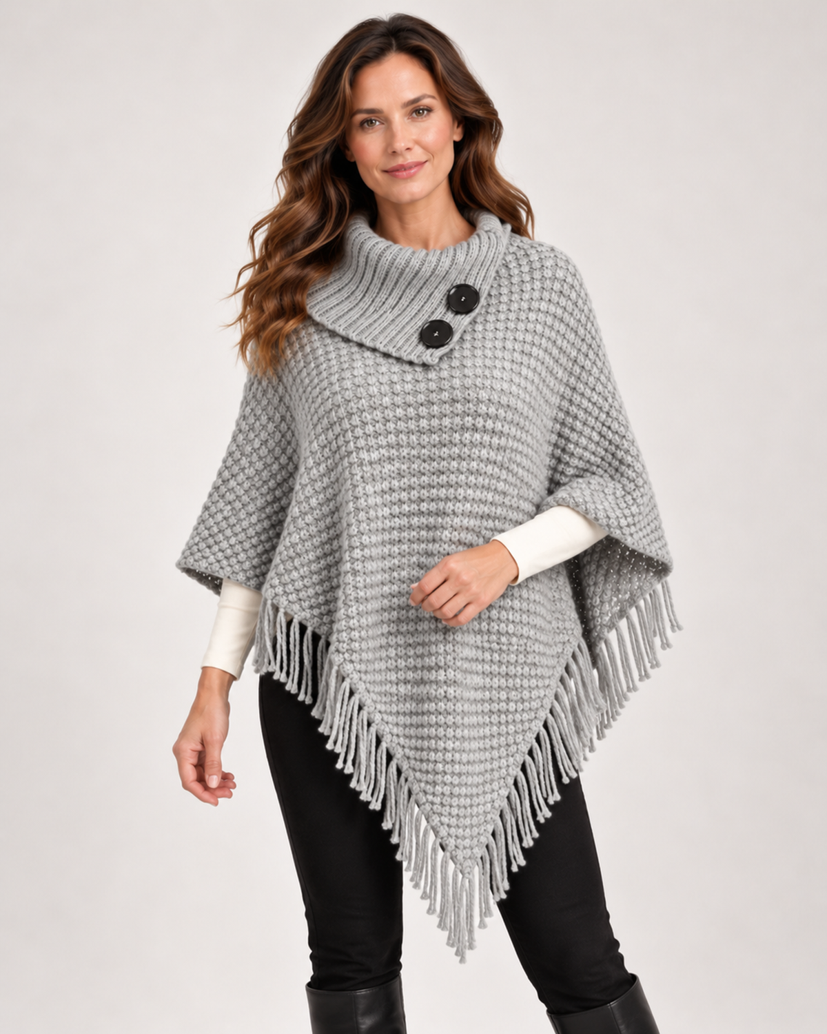 Women’s grey poncho with high neck and button detail