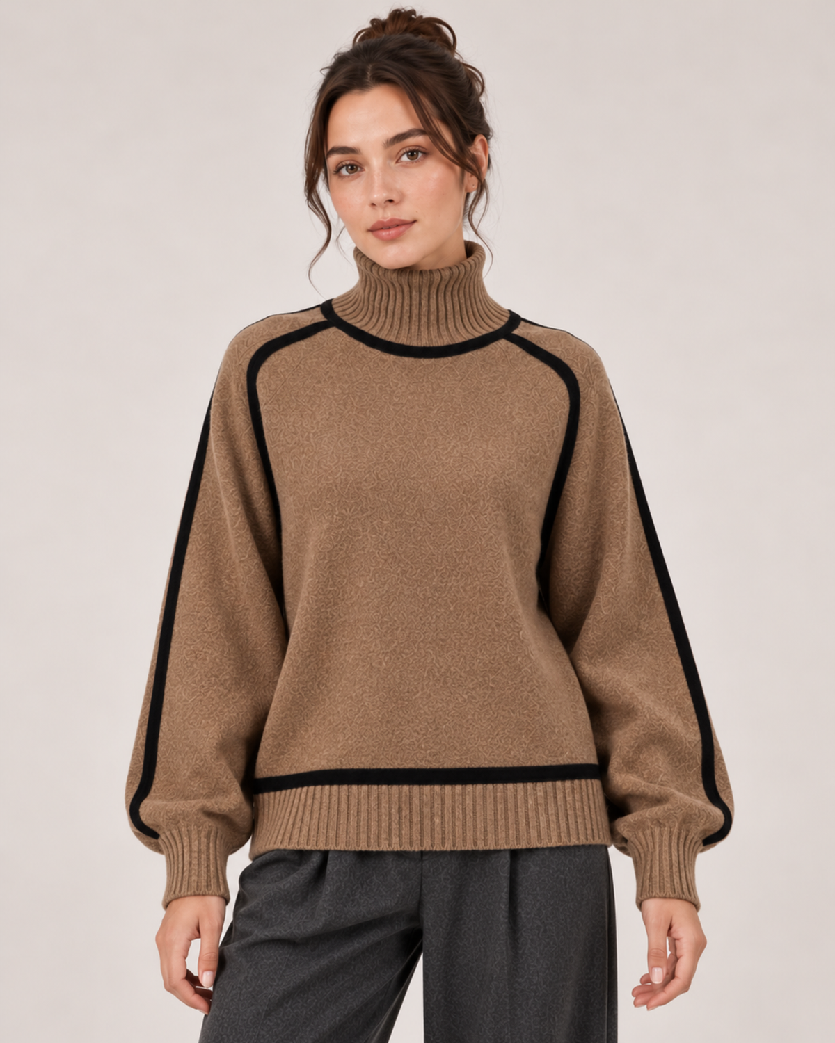 Women's khaki oversized turtleneck jumper with contrast trim
