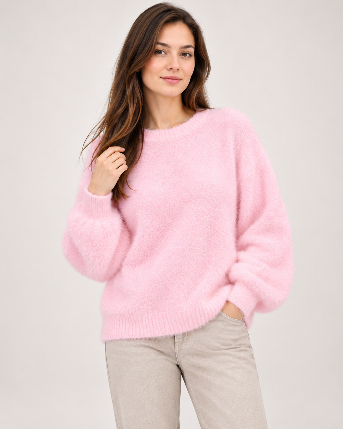 Women's pink fluffy crew neck jumper