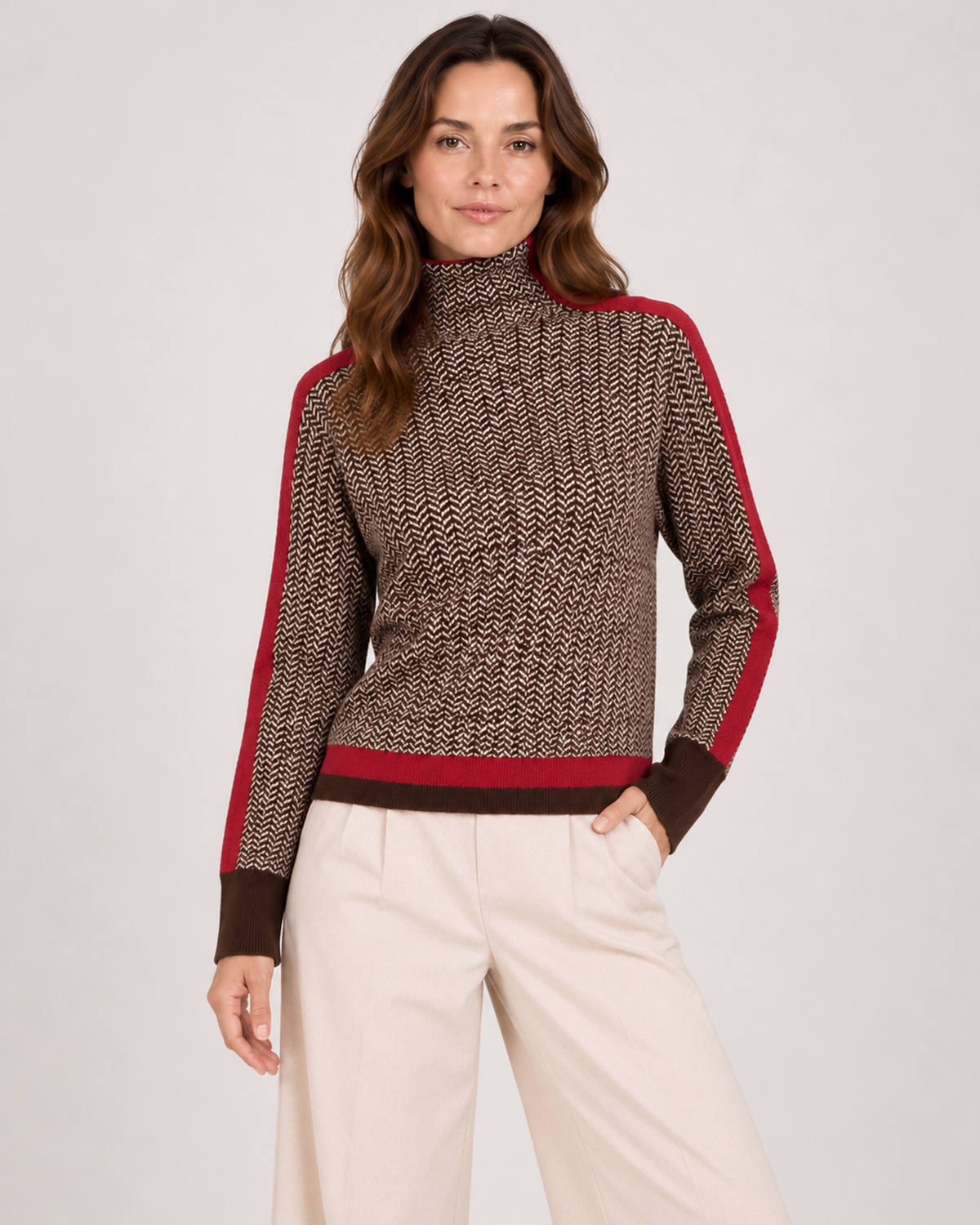 Women's red contrast sleeve roll neck jumper