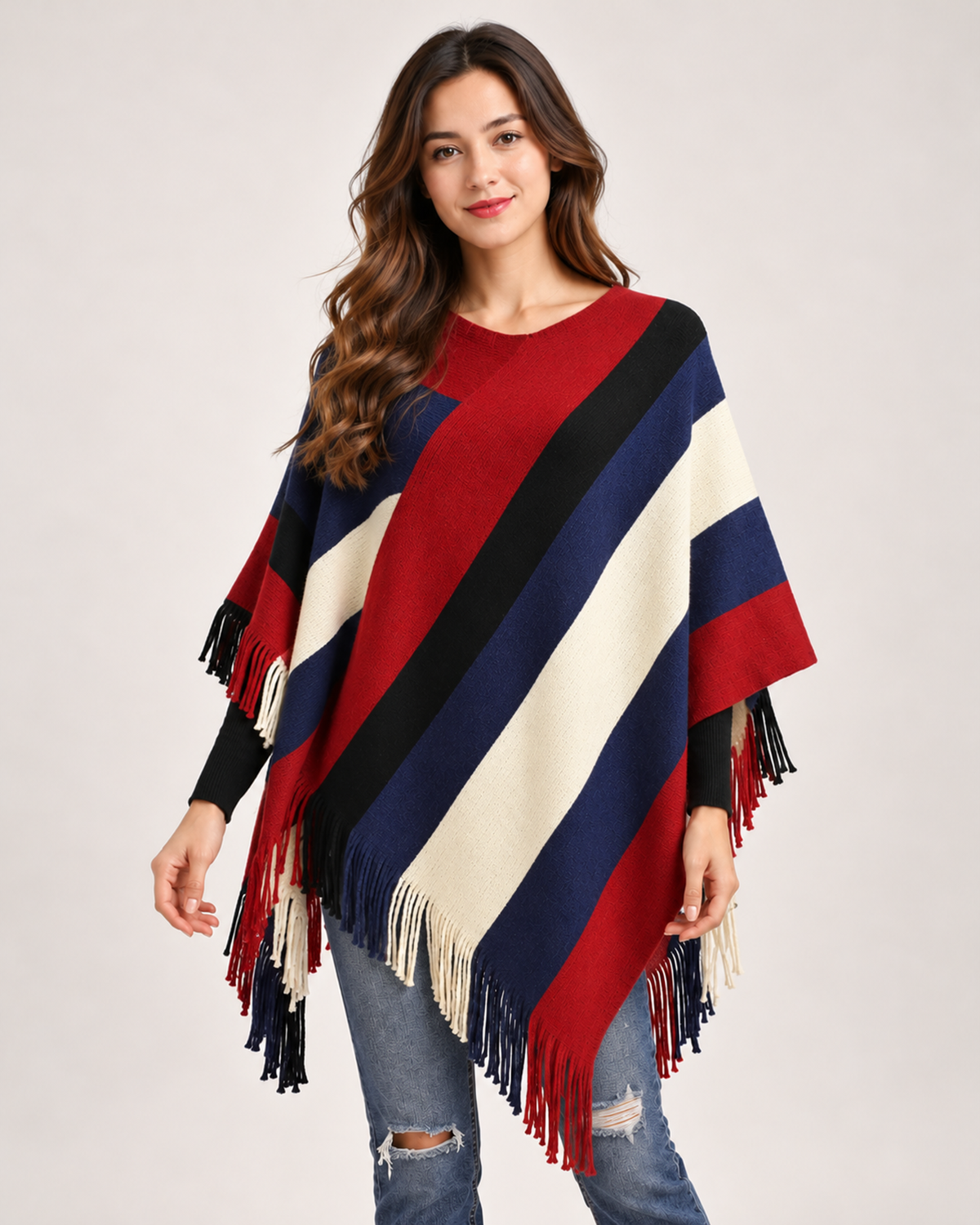 Women's red colour block poncho
