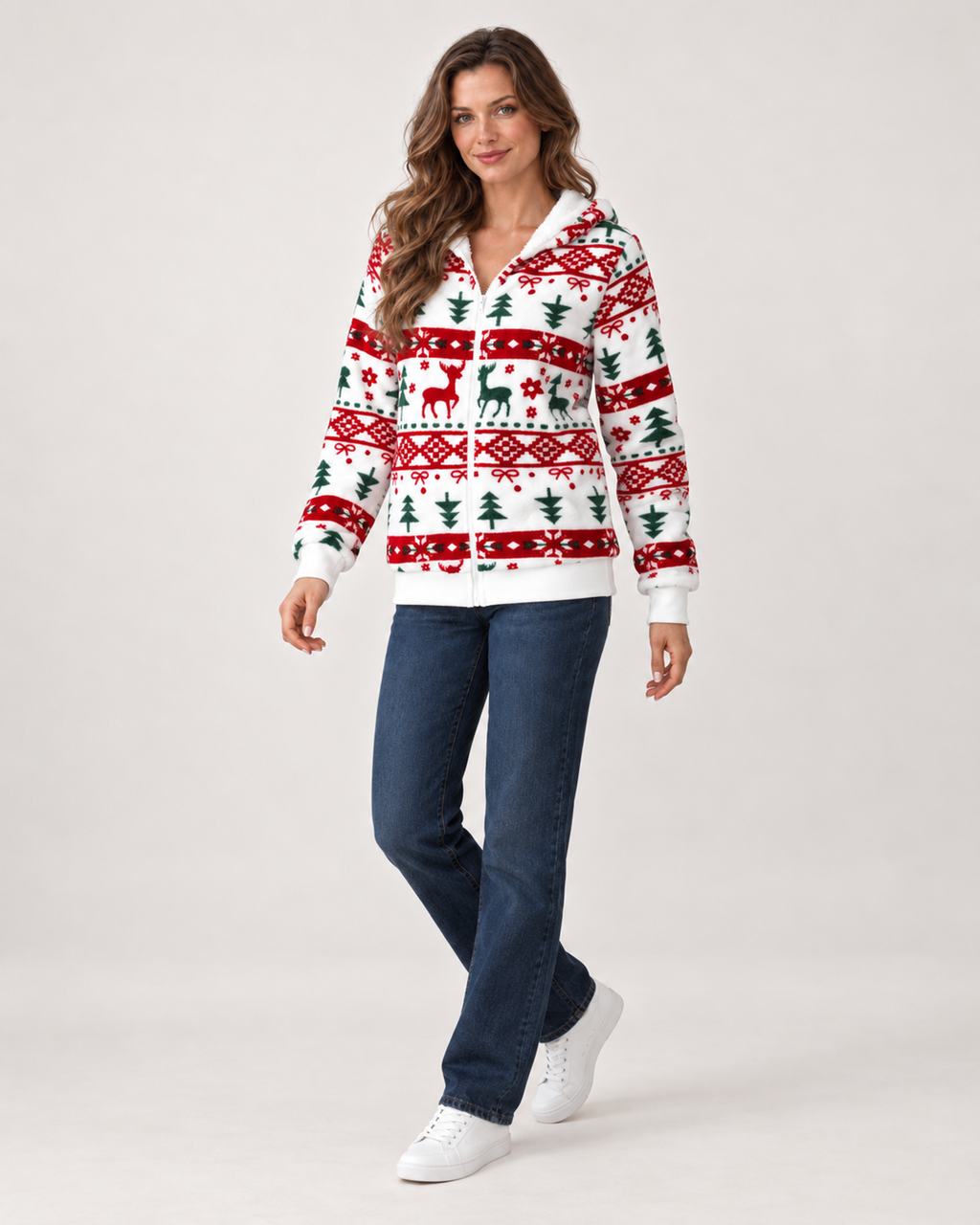 Women’s Christmas Cardigan with Hood and Zip Front in White, three quarter body view
