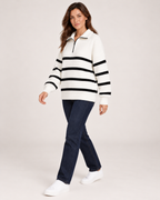 Women’s Striped Jumper with Half Zip Collar in White, three quarter body view