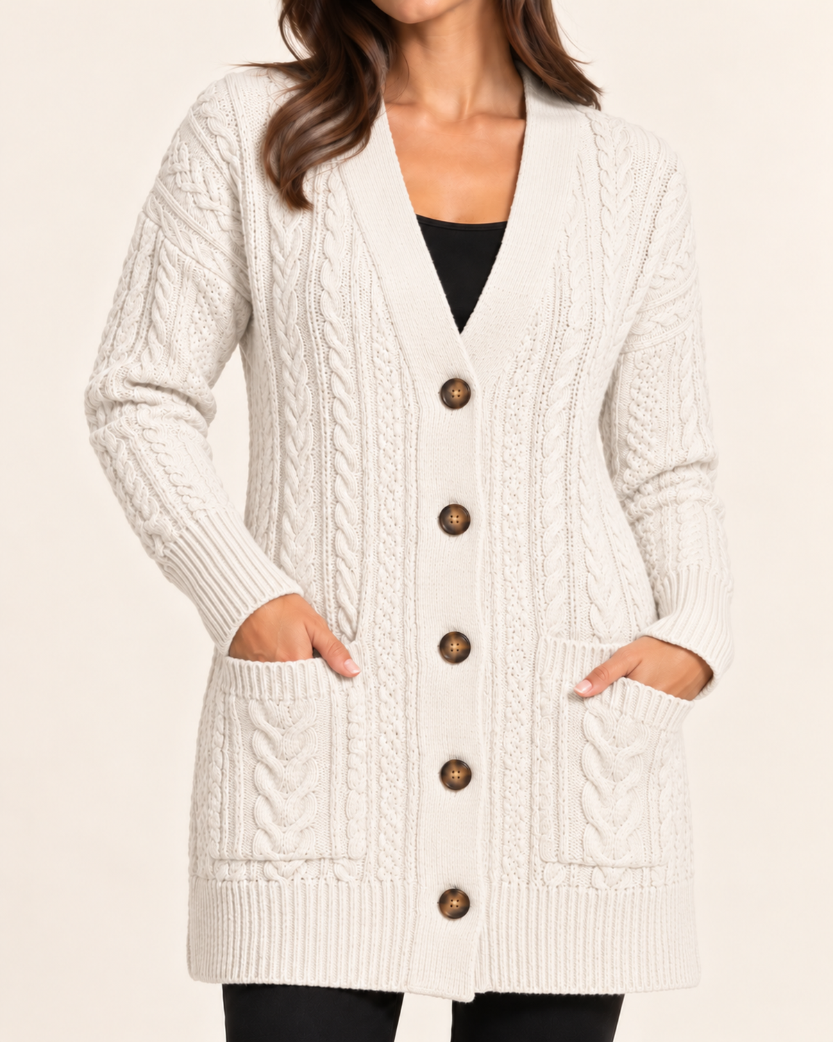 Women's white cable knit button front coatigan close variant view