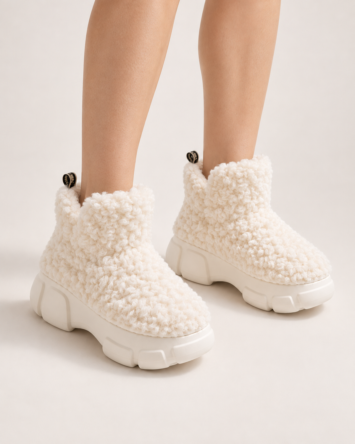 Women’s Snow Boots with Platform Sole and Fluffy Ankle Cuff in White, lower leg product focus view