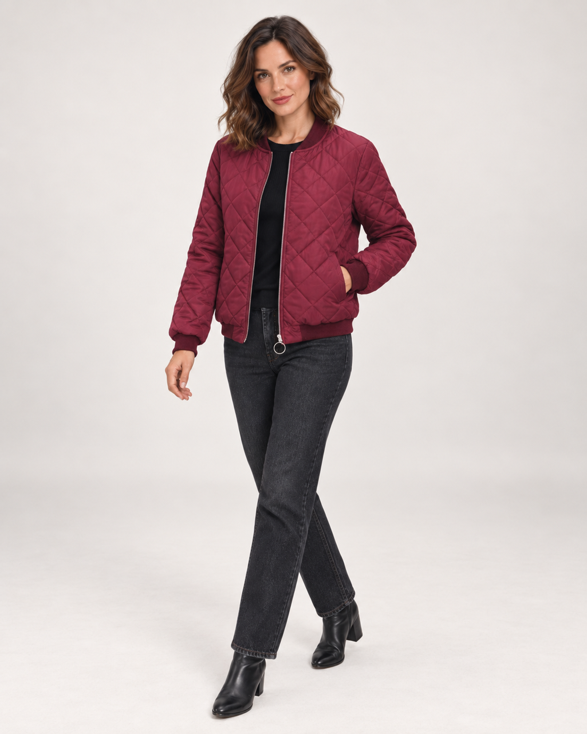 Women’s Quilted Jacket with Stand Collar in Wine Red, three quarter body view