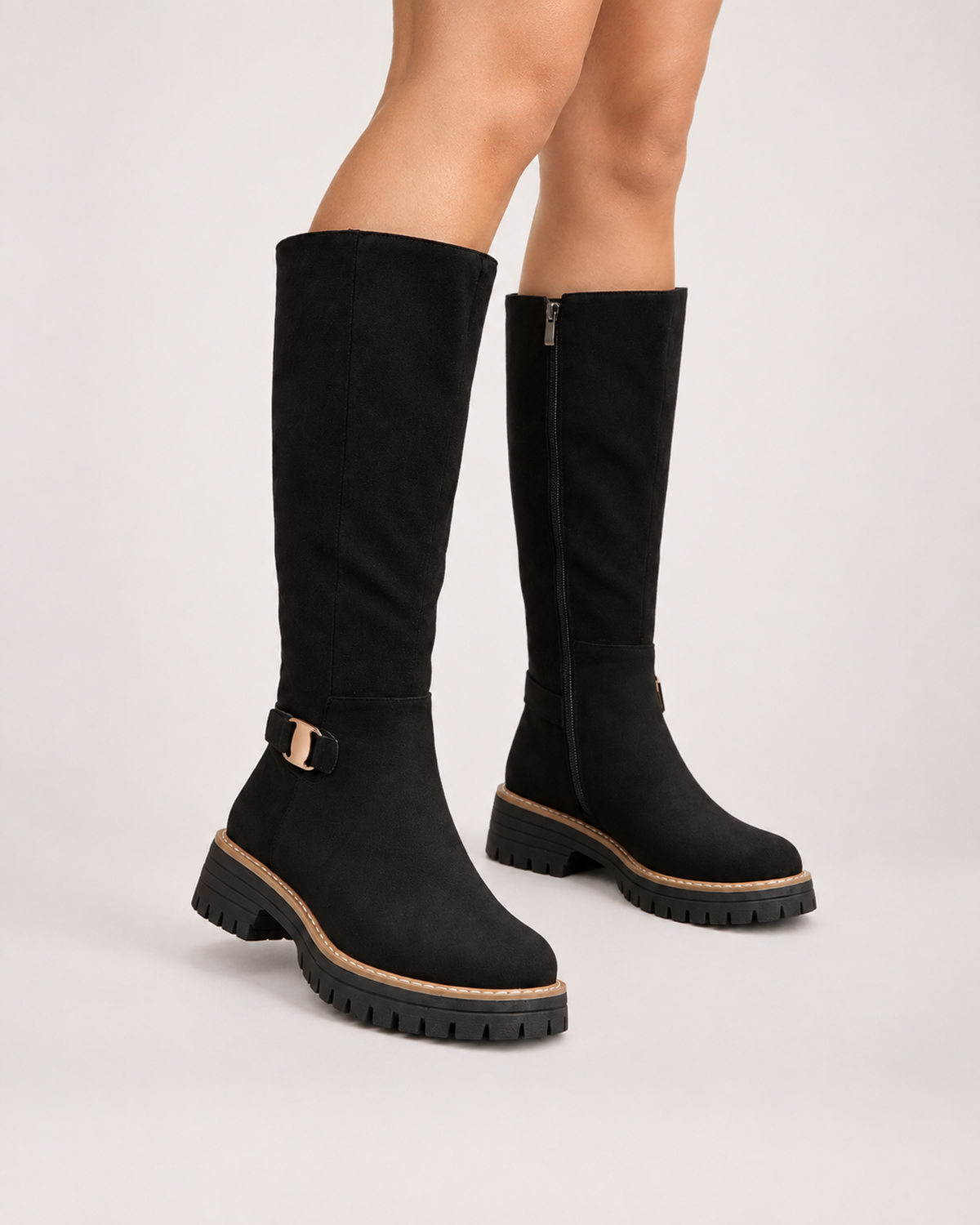 Women’s Black Knee High Boots with Chunky Sole and Buckle Detail in Black, worn footwear focus below knee view