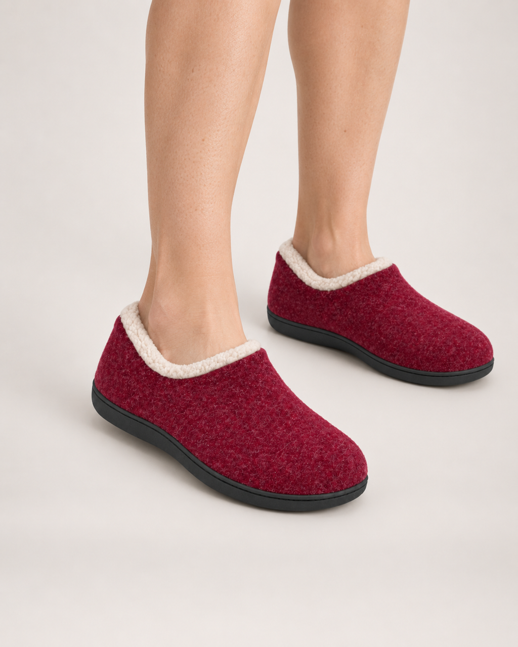 Women’s Full Slippers with Closed Back and Soft Collar in Burgundy, worn footwear focus below knee view